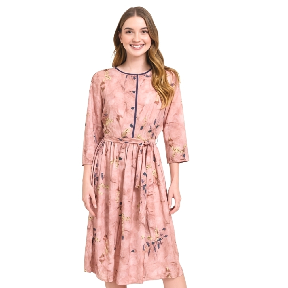 Zimu Cotton Linen Blend Blue Floral On Pink Midi Boho Dress XXL(US XL)